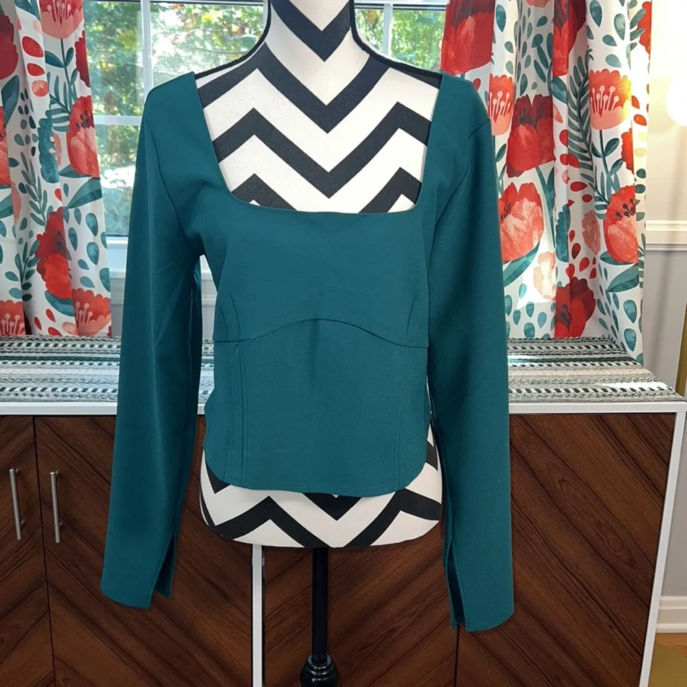 Abercrombie & Fitch Women’s Long Sleeve Crepe Teal Corset Top - Picture 2 of 10